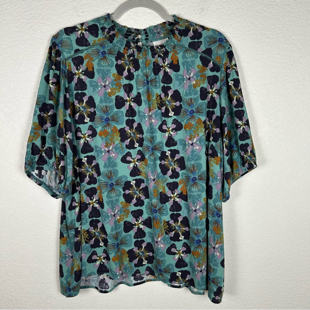 Knox Rose Women’s Sz XL smocked elastic neck, keyhole Romantic, bohemian, floral